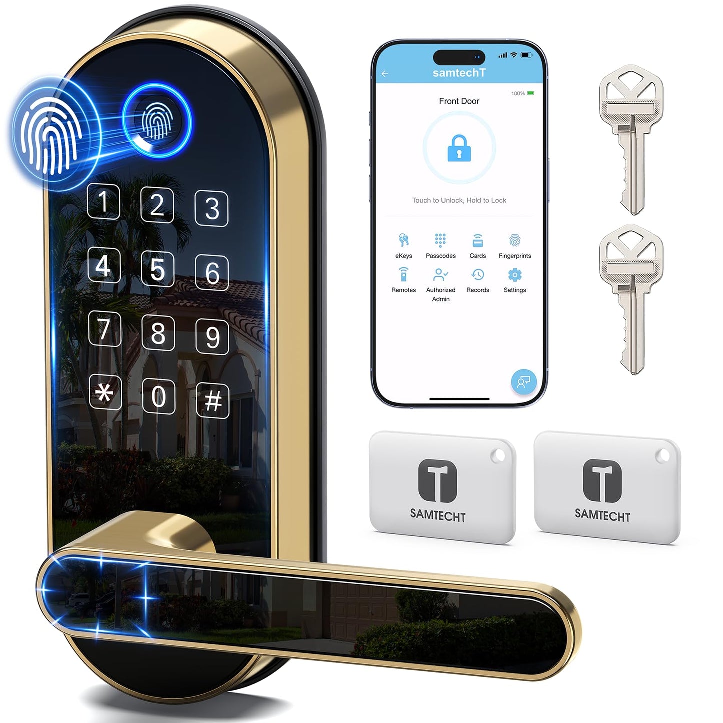 Keyless-Entry Keypad Fingerprint Smart Lock: Digital Door Lock with Code Passcode, Electronic Door Handle, Biometric Door Knob for Entry Door, Bedroom Door (Silver)