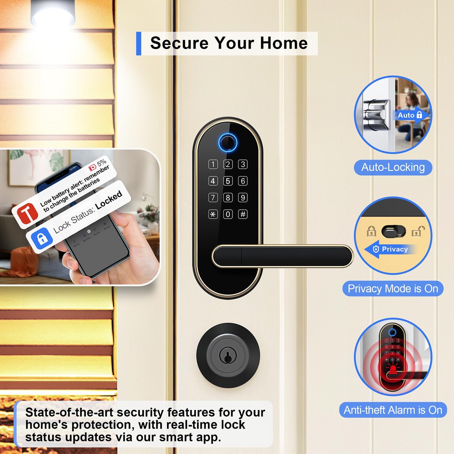 Keyless-Entry Keypad Fingerprint Smart Lock: Digital Door Lock with Code Passcode, Electronic Door Handle, Biometric Door Knob for Entry Door, Bedroom Door (Silver)