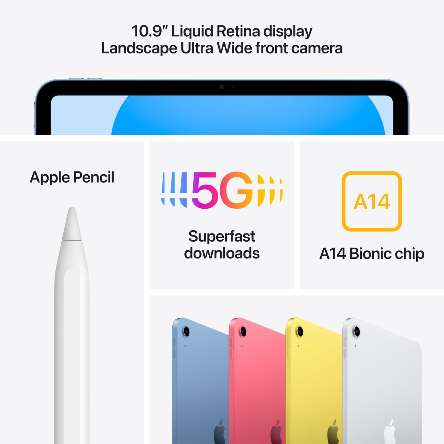 Apple iPad (10th Generation): with A14 Bionic chip, 10.9-inch Liquid Retina Display, 64GB, Wi-Fi 6, 12MP front/12MP Back Camera, Touch ID, All-Day Battery Life – Blue