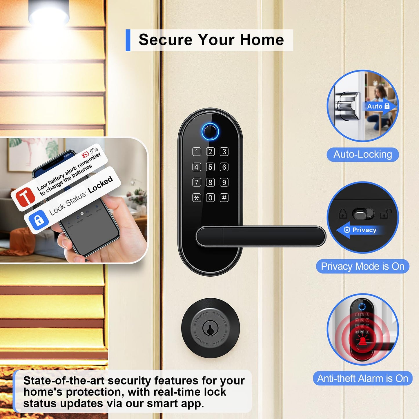 Keyless-Entry Keypad Fingerprint Smart Lock: Digital Door Lock with Code Passcode, Electronic Door Handle, Biometric Door Knob for Entry Door, Bedroom Door (Silver)