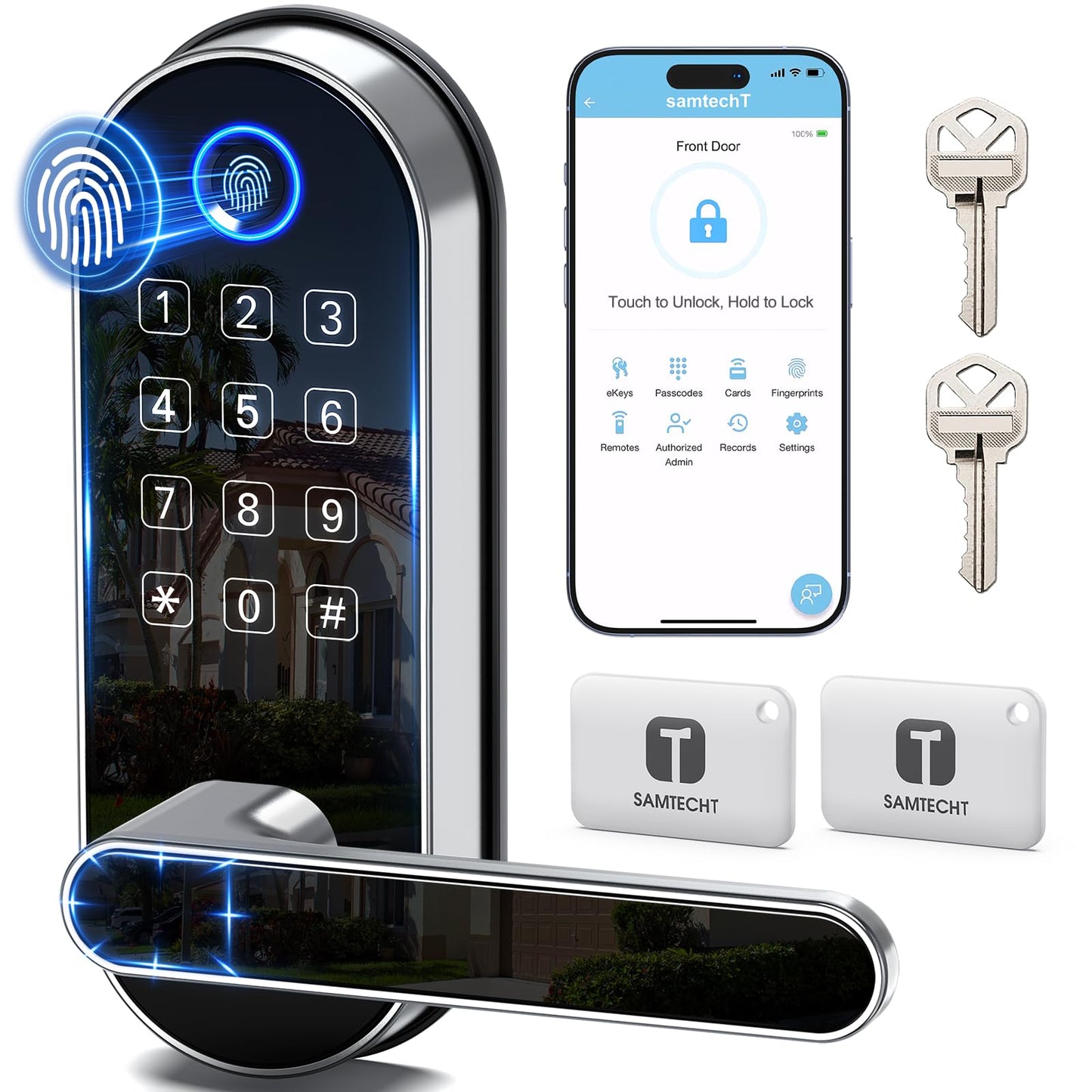 Keyless-Entry Keypad Fingerprint Smart Lock: Digital Door Lock with Code Passcode, Electronic Door Handle, Biometric Door Knob for Entry Door, Bedroom Door (Silver)