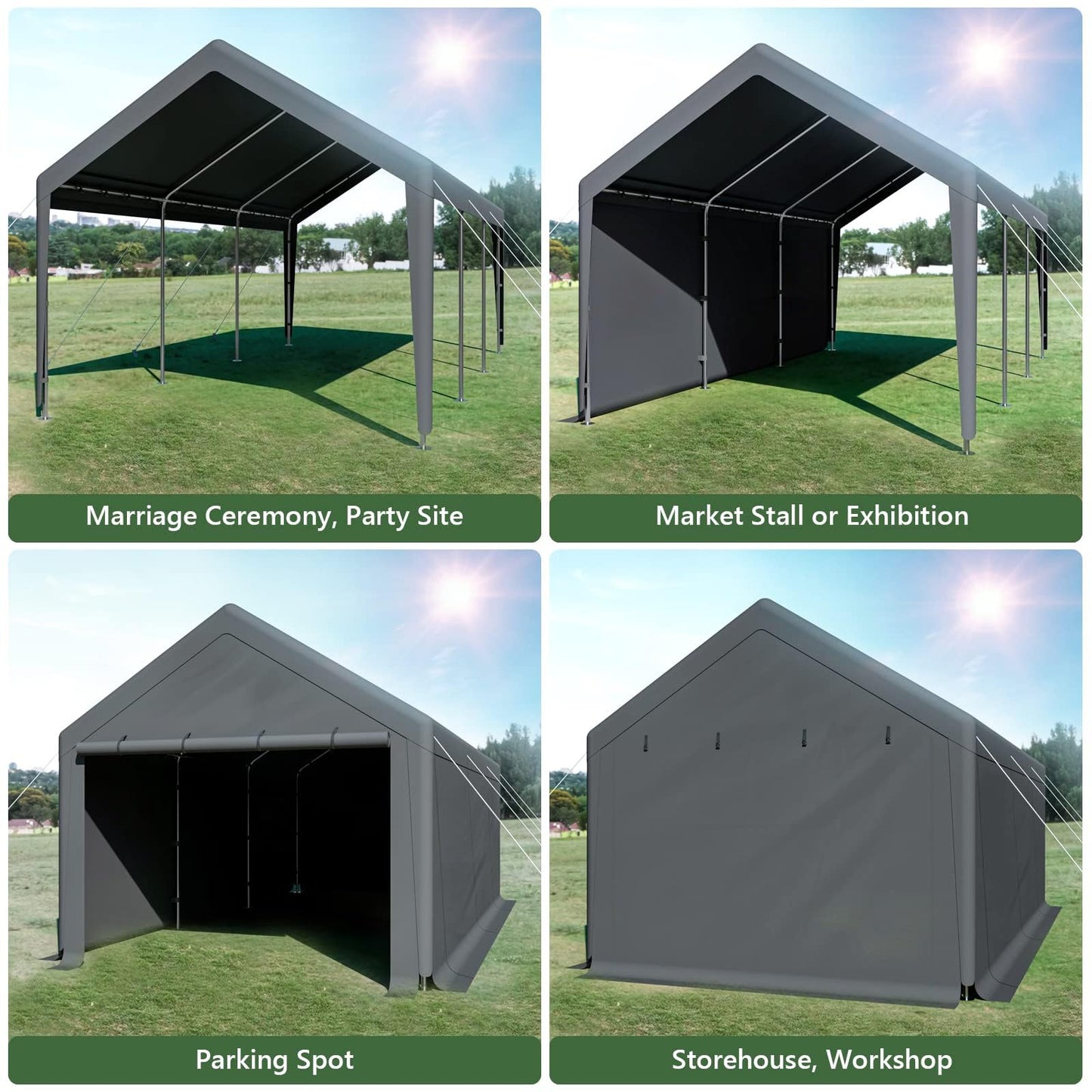 Outdoor Carport 10x20ft Heavy Duty Car Tent, Portable Garage Canopy Storage Shed, Car Shelter with Detachable Side Walls&Doors, All-Season Tarp for Car and Boat D Grey