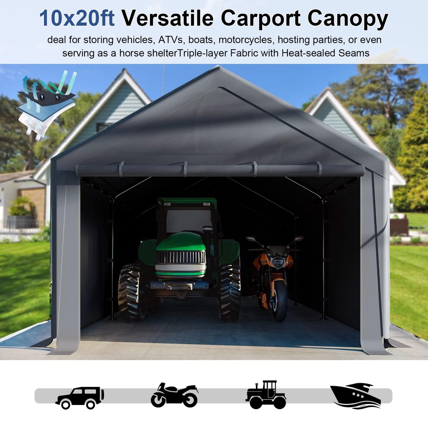 Outdoor Carport 10x20ft Heavy Duty Car Tent, Portable Garage Canopy Storage Shed, Car Shelter with Detachable Side Walls&Doors, All-Season Tarp for Car and Boat D Grey