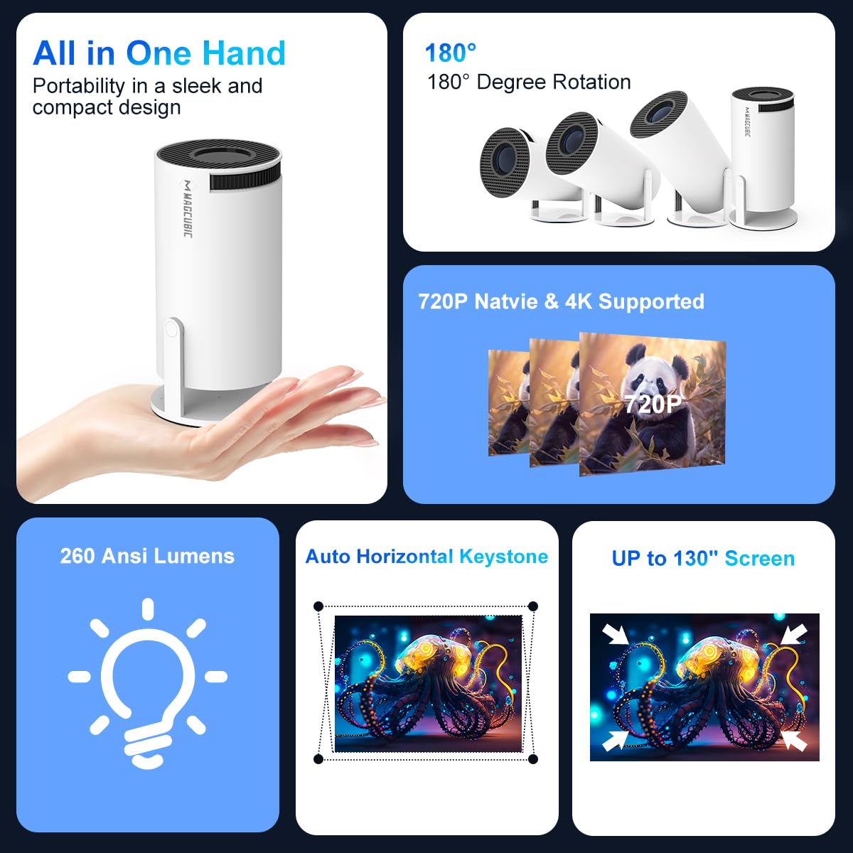 Auto Keystone Mini Portable Projector, 4K/260 ANSI Smart Projector with WiFi 6 BT 5.0, Screen Adjustment, 180 Degree Rotation, Home Video Projector Built-in Android 11.0 OS