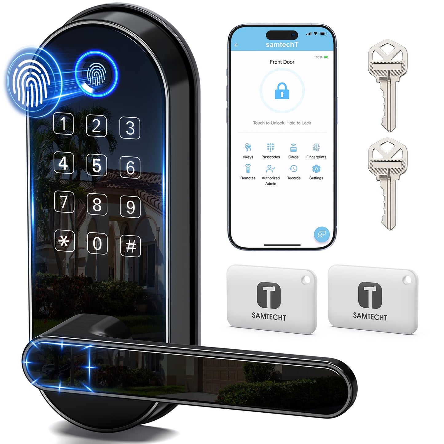 Keyless-Entry Keypad Fingerprint Smart Lock: Digital Door Lock with Code Passcode, Electronic Door Handle, Biometric Door Knob for Entry Door, Bedroom Door (Silver)