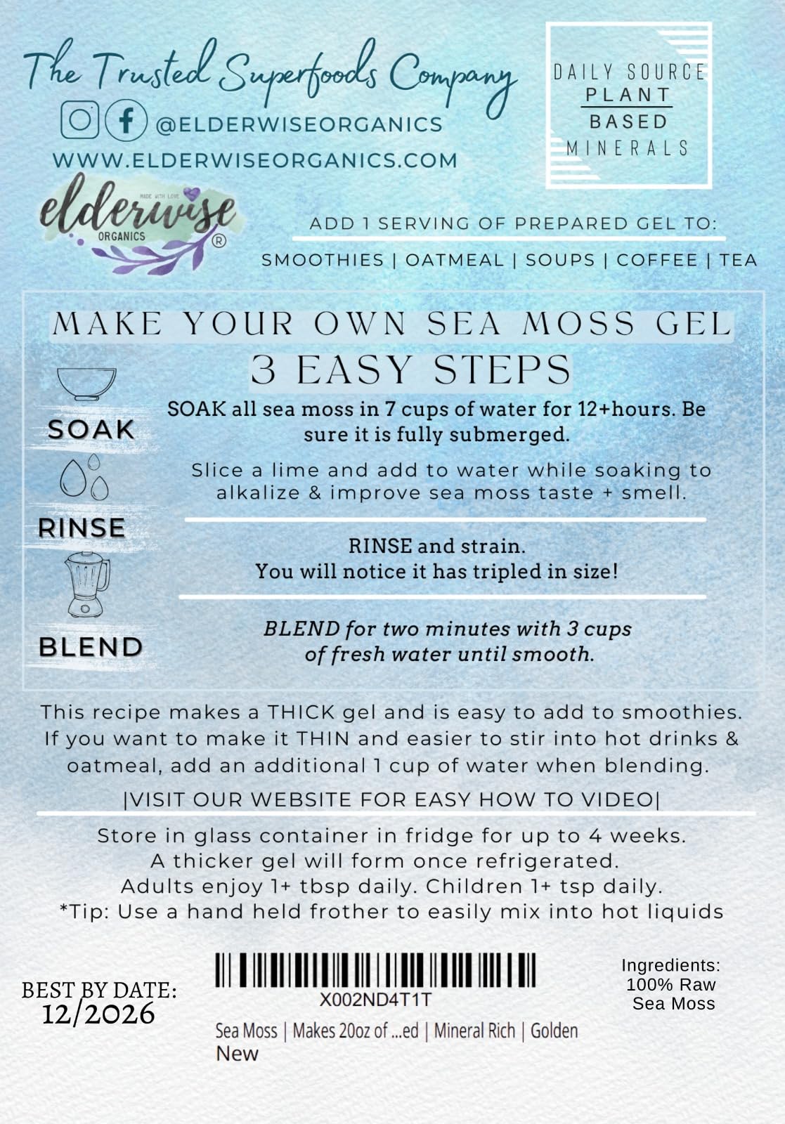 Elderwise Raw Sea Moss | Organic Seamoss Makes 20oz of Gel | Wildcrafted Golden Sea moss | Raw & Non GMO Certified | Sundried | Mineral and Vitamin Rich | Golden