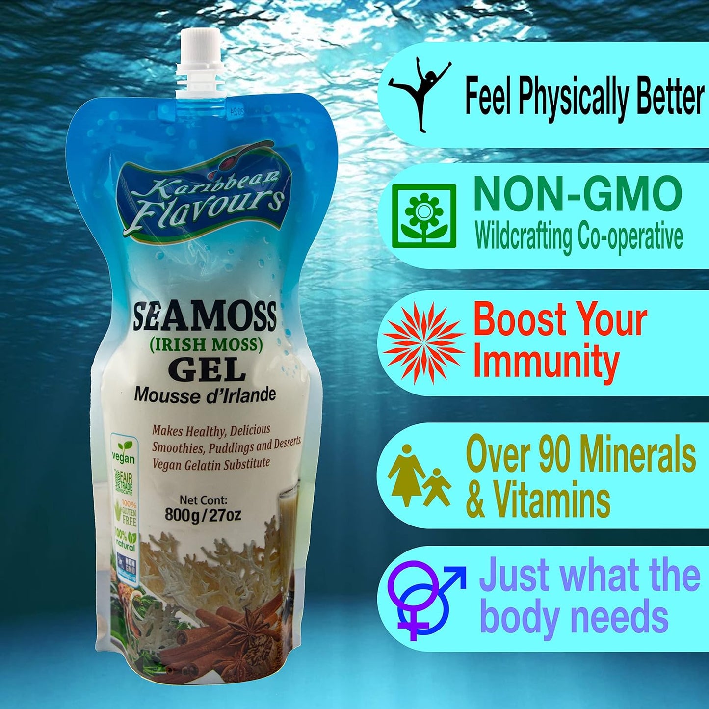 Premium Irish Sea Moss Gel (27.00 Oz) | Wildcrafted | Non GMO | 100% Natural | Vegan | Ready to Use | Squeezable Pouch | Perfect for Culinary Use - Smoothies and Desserts | Agar